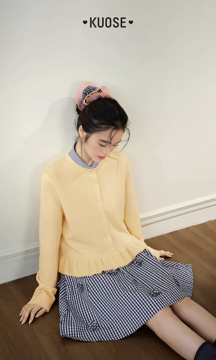 KUOSE 쿠오세 딥블루 체크 3D 플라워 A라인 미니 스커트 - 상품 이미지