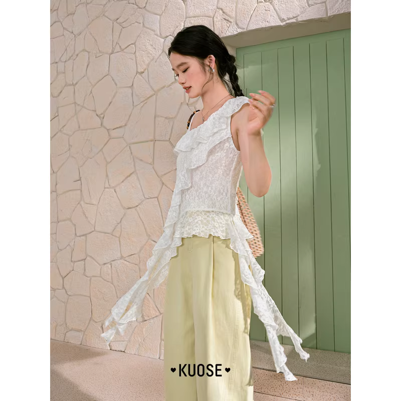 KUOSE 쿠오세 화이트 레이스 언발 러플 블라우스 - 상세 이미지 5