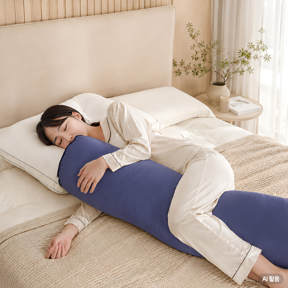 I자 바디필로우 원형 롱쿠션 안고자는 긴베개 임산부 죽부인 커버 모던 블루(솜포함) - 상품 이미지
