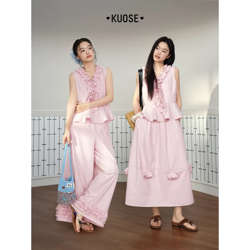 KUOSE 쿠오세 스트라이프 V넥 러플 썸머 코디 세트 - 상세 이미지 4