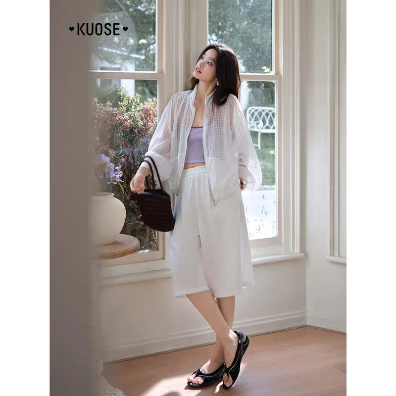 KUOSE 쿠오세 화이트 체크 패턴 가디건 7부 와이드 팬츠 투피스 - 상세 이미지 3