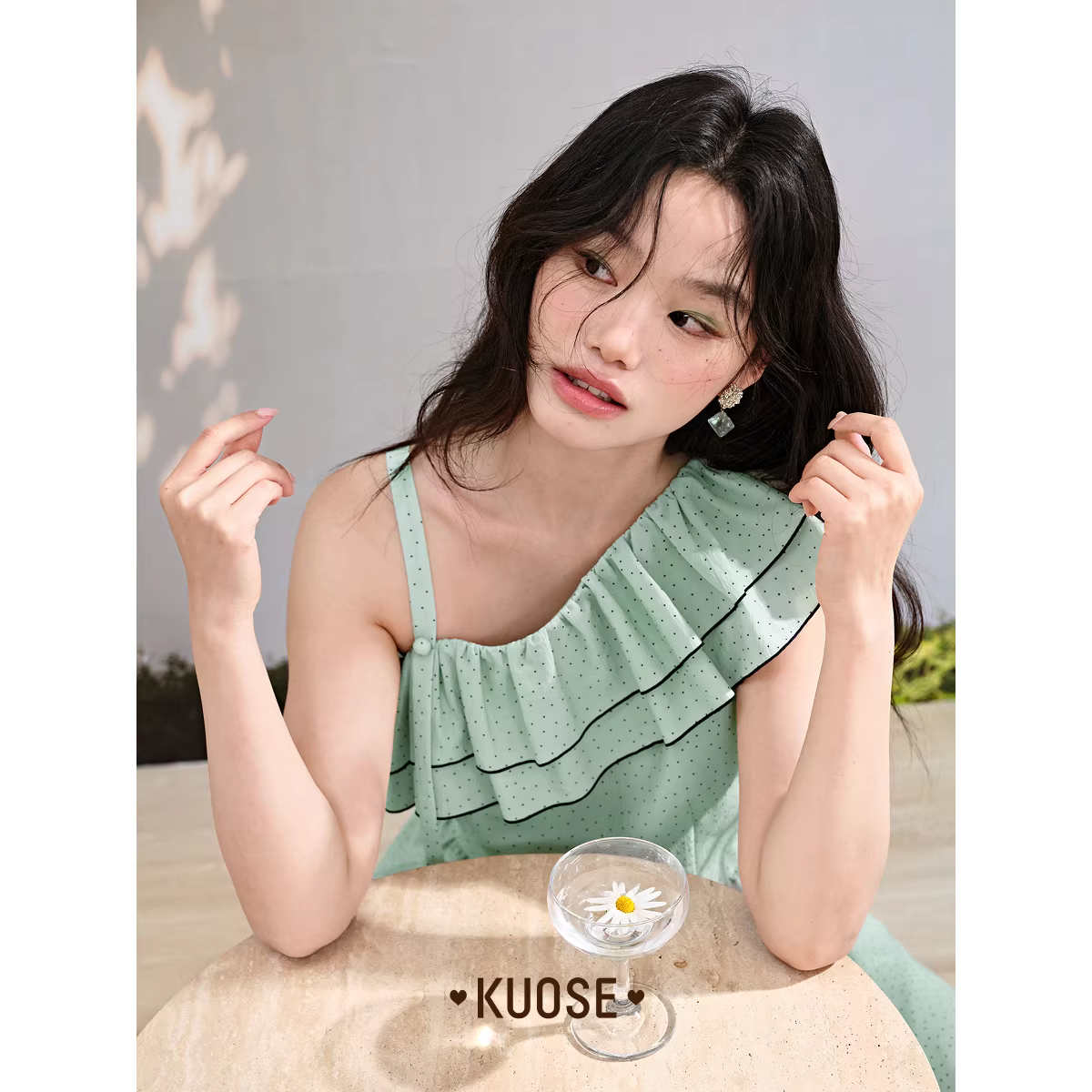 KUOSE 쿠오세 연그린 러플 원숄더 롱원피스 이미지 6