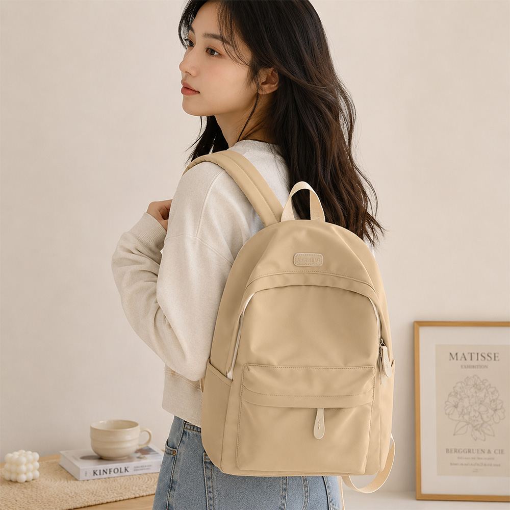 가벼운 백팩 학교가방 책가방 생활방수 경량 베이직 데일리백 베이지 - 상품 이미지