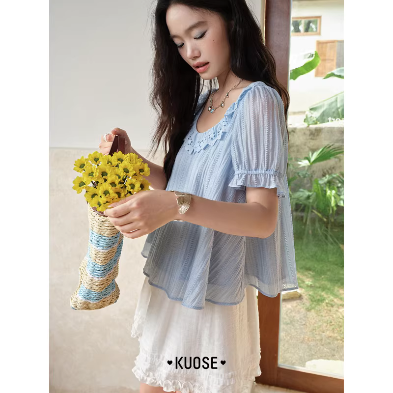 KUOSE 쿠오세 라이트블루 라이오셀 레이스 반소매 블라우스 이미지 6