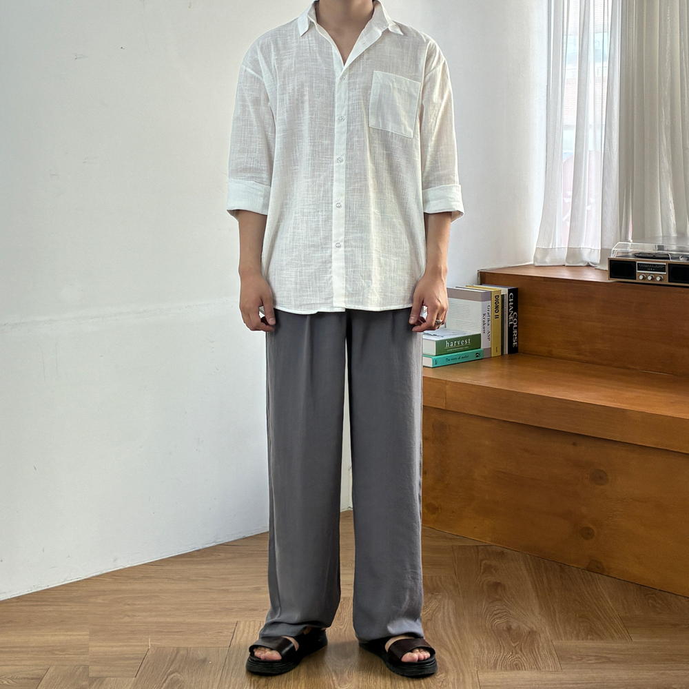 1+1 남자 린넨바지 마바지 와이드 팬츠 밴딩 여름 - 상세 이미지 4