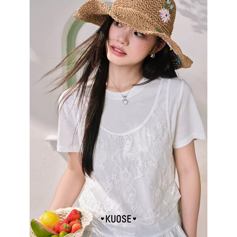 KUOSE 쿠오세 여름 화이트 레이스 프릴 반팔티 이미지 6