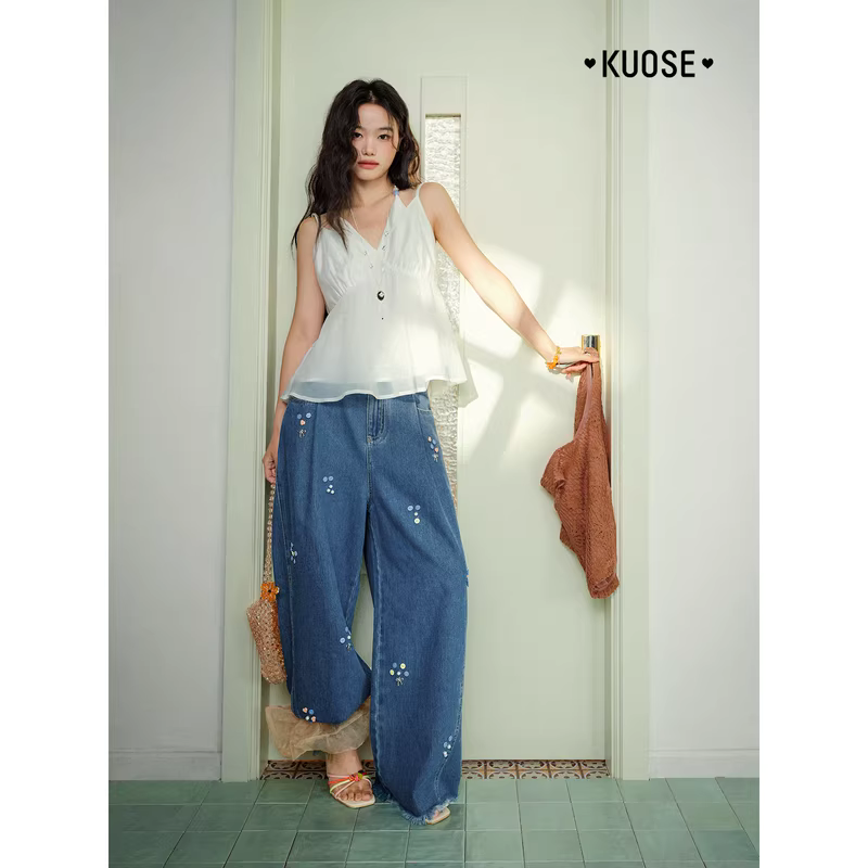 KUOSE 쿠오세 블루 자수 헤짐 와이드 데님 팬츠 - 상세 이미지 4
