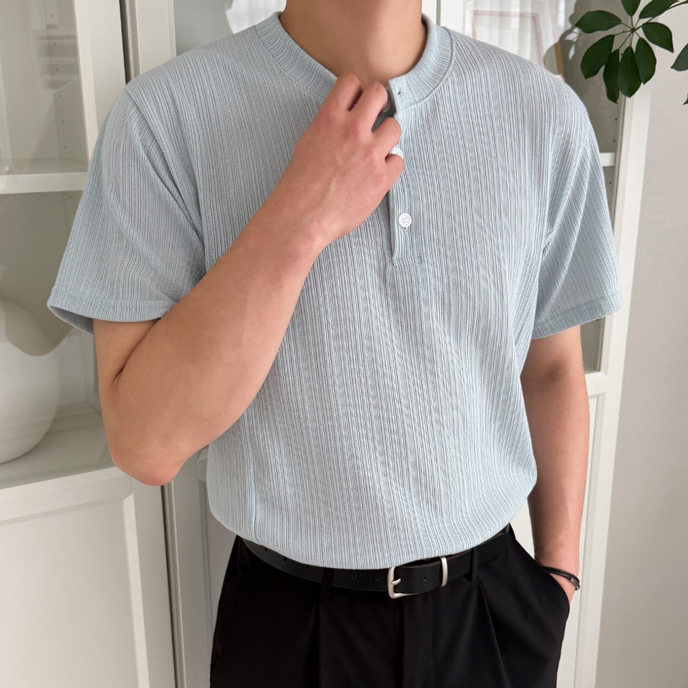 1+1 남자 린컴 여름 플리츠 헨리넥 반팔티 빅사이즈까지 - 상세 이미지 2