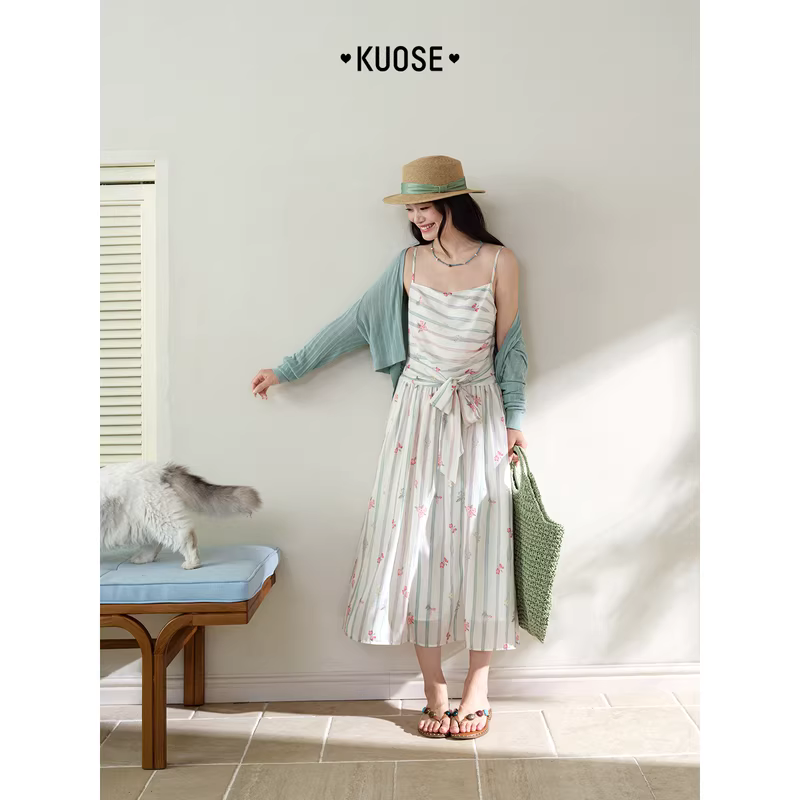 KUOSE 쿠오세 미색 스트라이프 플라워 허리끈 롱 원피스 - 상세 이미지 5