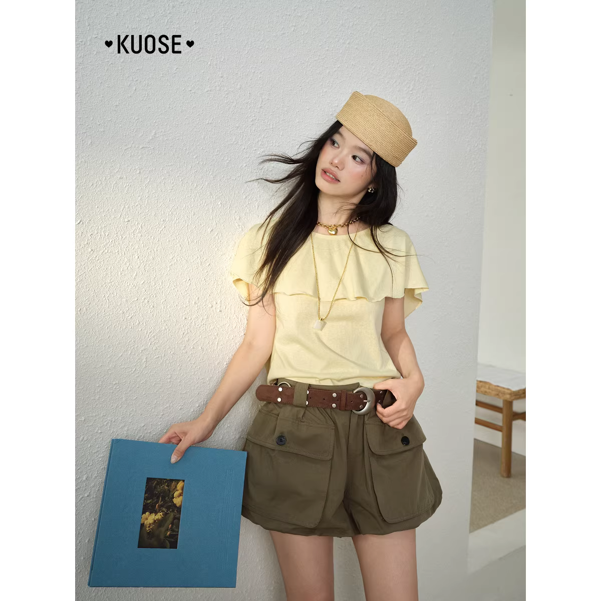 KUOSE 쿠오세 연노랑 케이프 레이어드 라운드넥 반팔 티셔츠 - 상세 이미지 4