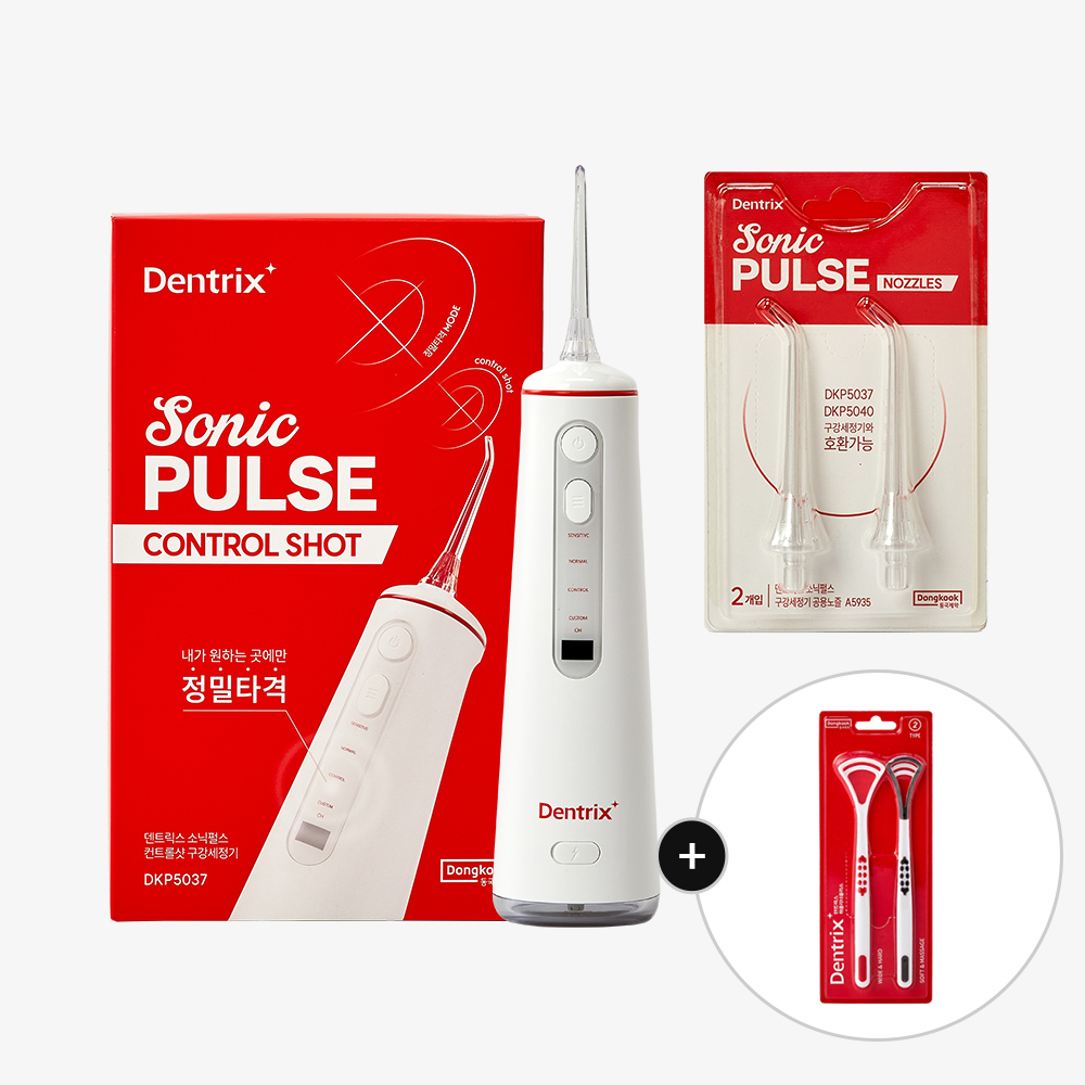 동국제약 덴트릭스 소닉펄스 컨트롤샷 구강세정기 1개 + 노즐(2p) + 혀클리너 2P / 무선 구강세척기 물치실 휴대용 워터치실