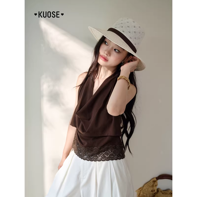 KUOSE 쿠오세 브라운 레이스 드레이프 할터넥 캐미솔 탑 - 상세 이미지 3