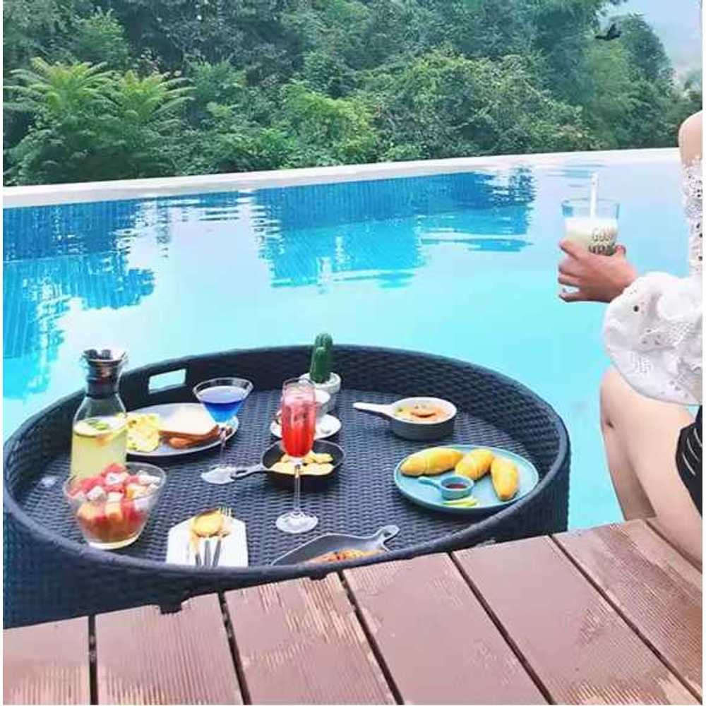 수영장 트레이 쟁반 수중 쟁반 리조트 라탄 풀빌라 60 원형 블랙 - 상품 이미지