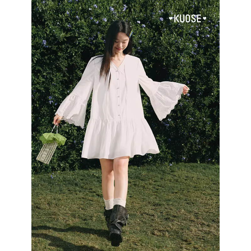 KUOSE 쿠오세 화이트 프렌치 러플 펀칭 자수 롱 셔츠 원피스 - 상세 이미지 3