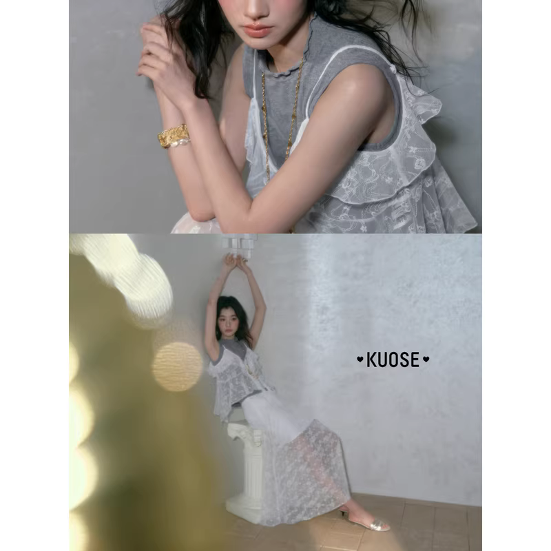 KUOSE 쿠오세 그레이 레이스 민소매 투피스 - 상세 이미지 5