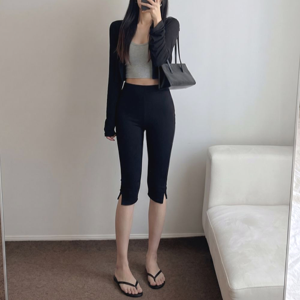 퍼즈 카프리팬츠 여성여름바지 7부 슬림핏 하이웨스트 스판 밴딩 밑단트임 블랙 데일리 - 상품 이미지