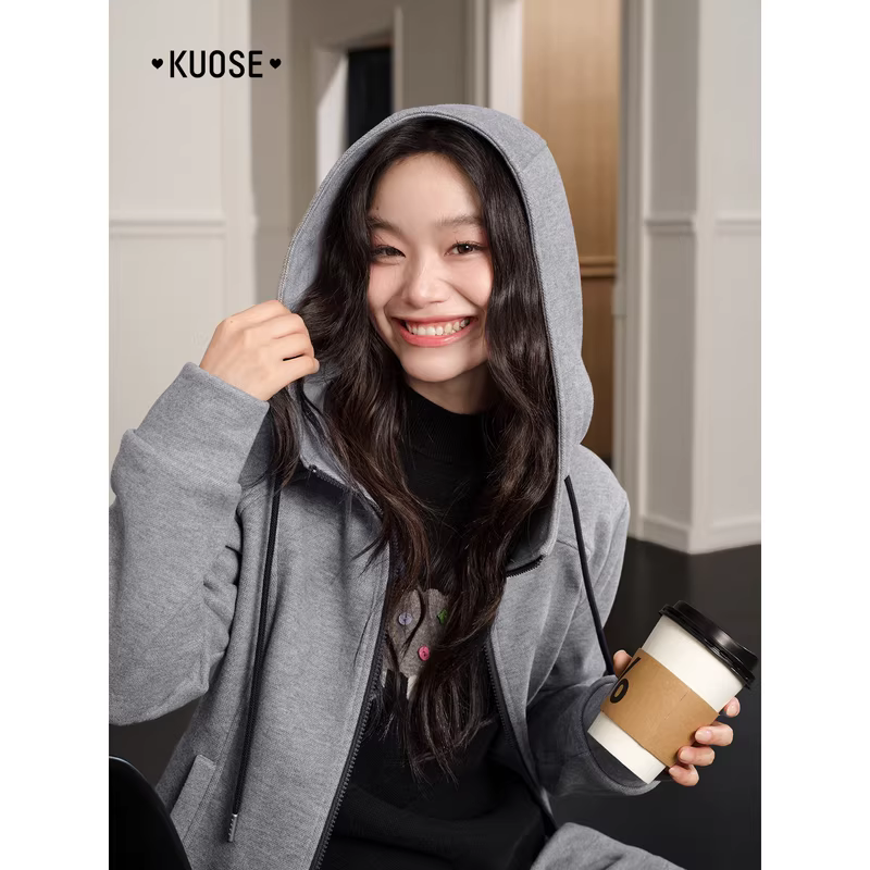 KUOSE 쿠오세 여성 그레이 루즈핏 후드 와이드 트레이닝 세트 - 상세 이미지 5