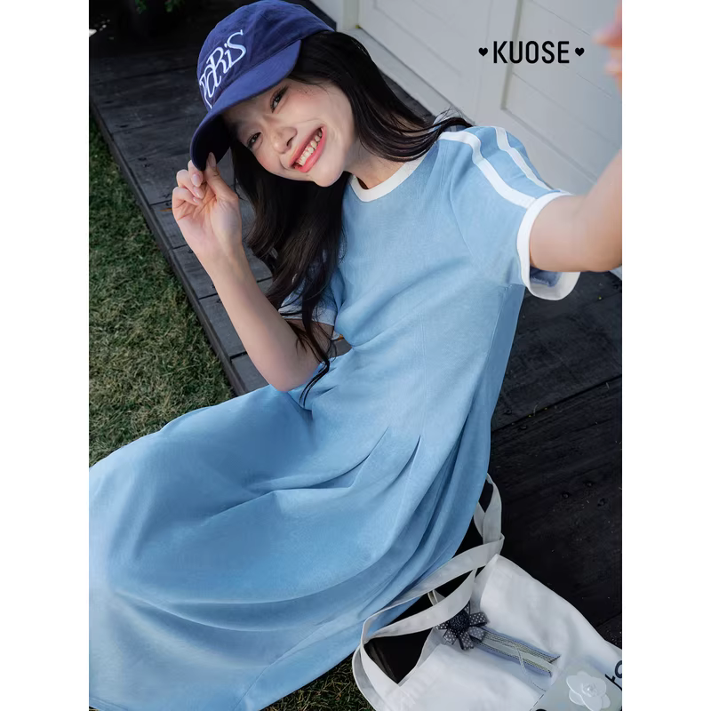 KUOSE 쿠오세 스카이블루 니트 반팔 플리츠 롱 원피스 - 상세 이미지 3