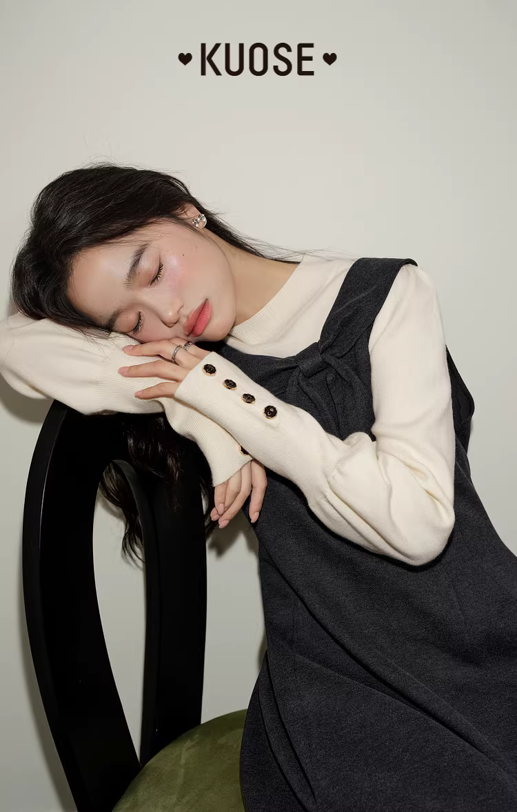 KUOSE 쿠오세 프렌치 무소매 리본 다크그레이 A라인 원피스 - 상품 이미지