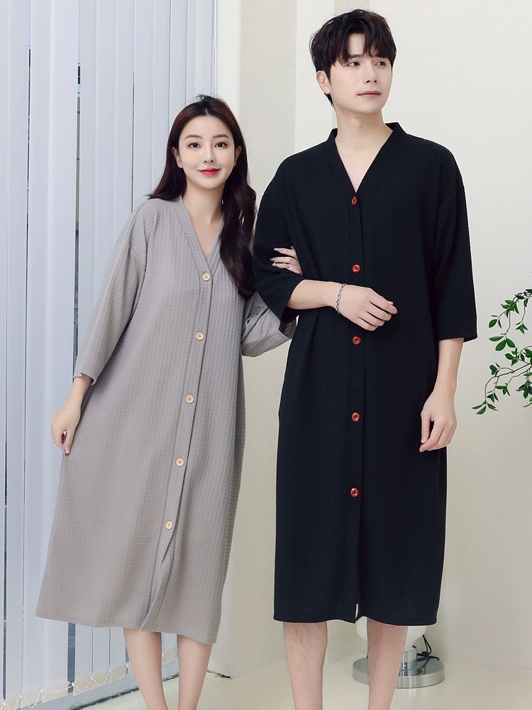 잠옷 원피스 와플 질감 버튼 브이넥 여성 실내복 로브 블랙 (남성용) M( 40-57.5kg ) - 상세 이미지 2