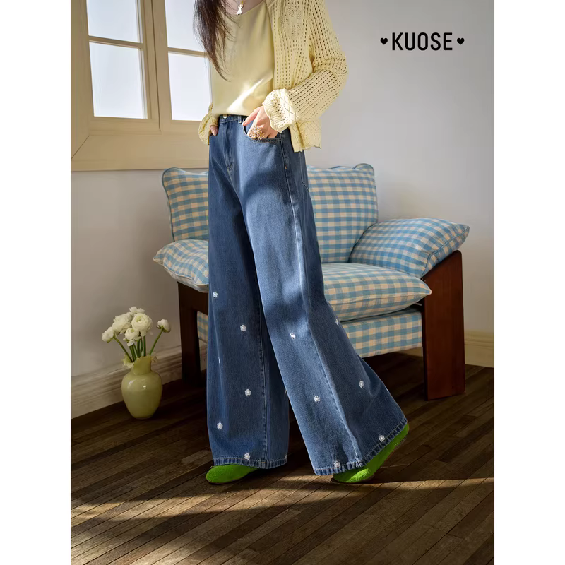 KUOSE 쿠오세 블루 플라워 자수 와이드 데님 팬츠 - 상세 이미지 3