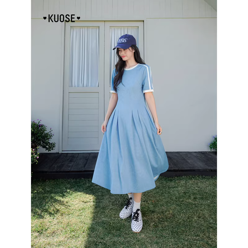 KUOSE 쿠오세 스카이블루 니트 반팔 플리츠 롱 원피스 - 상세 이미지 4