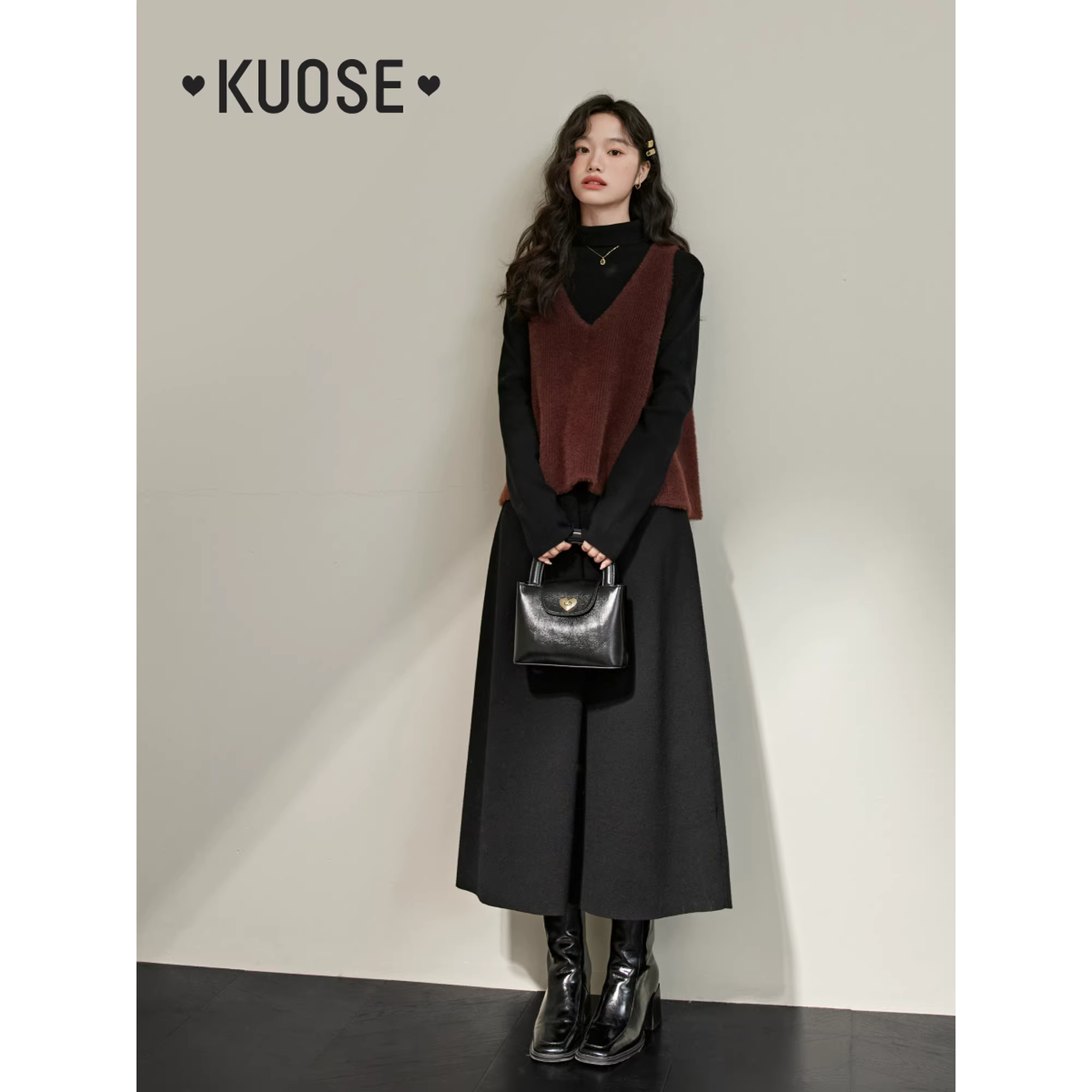 KUOSE 쿠오세 가을겨울 니트 브이넥 베스트 원피스 세트 - 상세 이미지 4