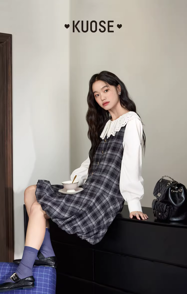 KUOSE 쿠오세 체크 튤립 스커트 민소매 원피스 짙은 회색 - 상품 이미지