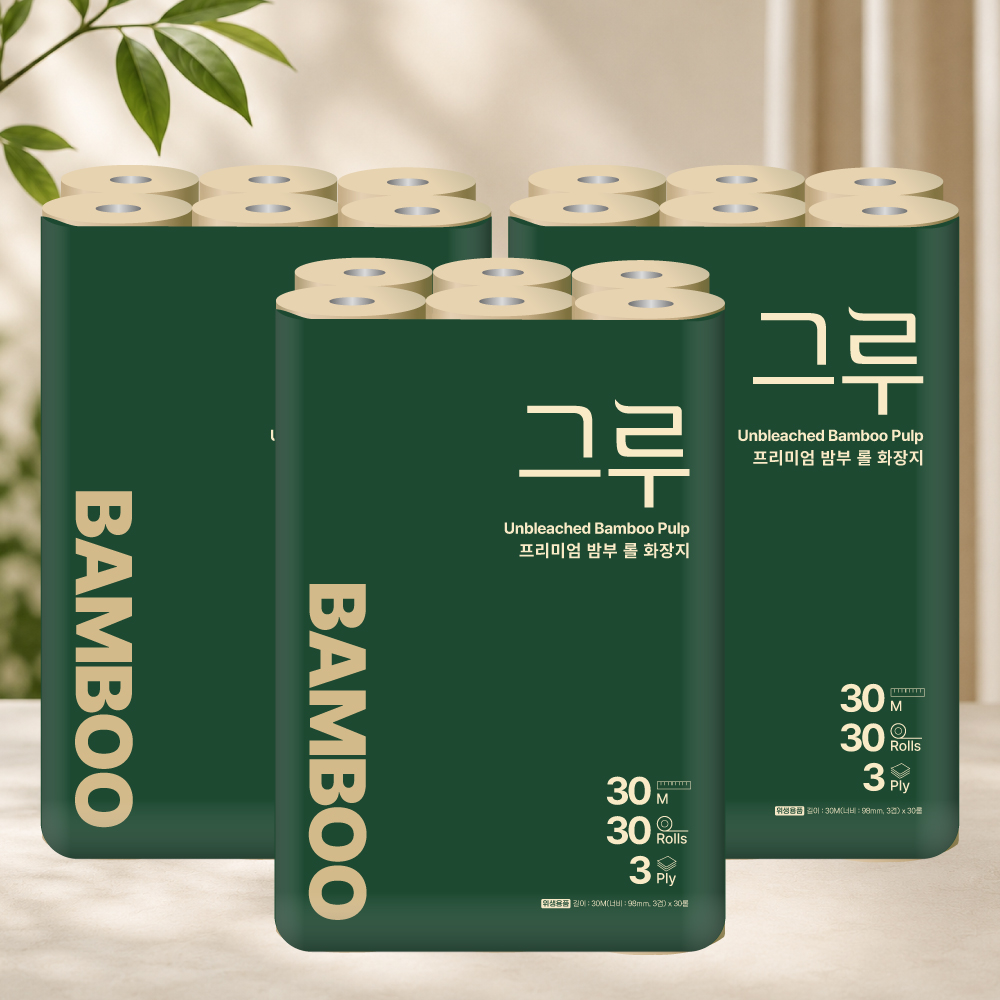 그루 대나무 휴지 먼지없는 무표백 두루마리 화장지 30m, 30롤, 3팩 - 상품 이미지