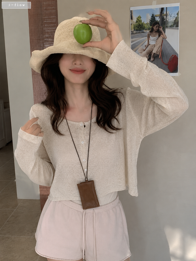 유소 라운드 세미크롭 린넨 가디건 3col 봄 여름 긴팔 뜨개 니트 아우터 제이플로우 - 상세 이미지 2