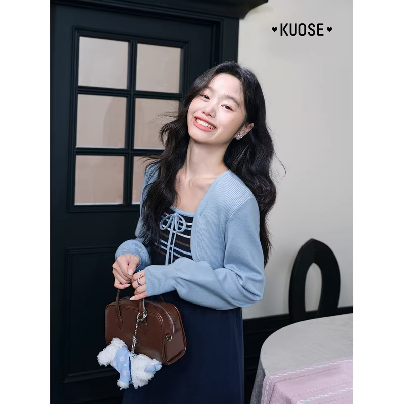 KUOSE 쿠오세 블루 배색 긴팔 페이크 투피스 니트 롱원피스 - 상세 이미지 3
