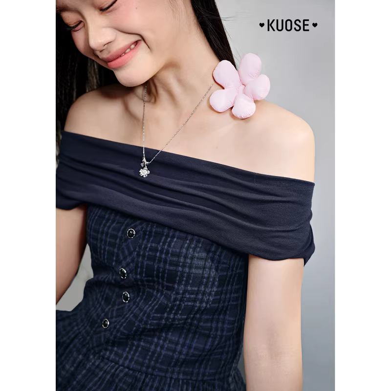 KUOSE 쿠오세 네이비 오프숄더 페이크투피스 A라인 원피스 - 상세 이미지 4