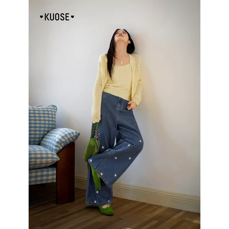 KUOSE 쿠오세 블루 플라워 자수 와이드 데님 팬츠 - 상세 이미지 5
