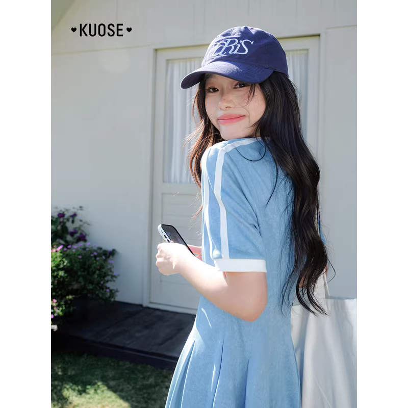 KUOSE 쿠오세 스카이블루 니트 반팔 플리츠 롱 원피스 - 상세 이미지 5