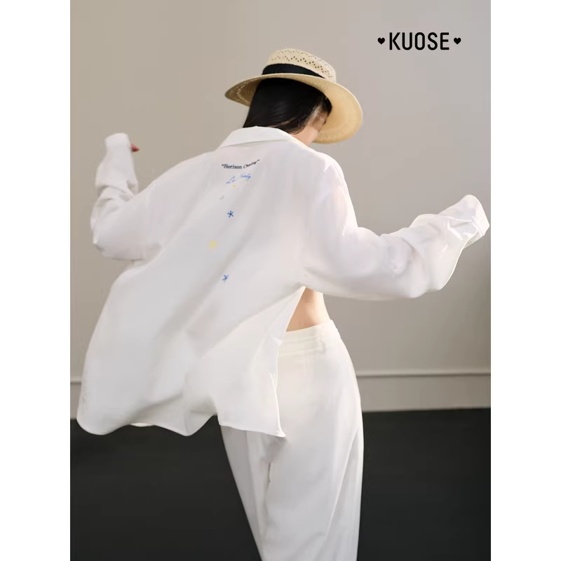 KUOSE 쿠오세 봄 여름 여성 셔츠 재킷 와이드 팬츠 세트 - 상세 이미지 3