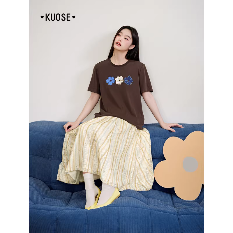 KUOSE 쿠오세 연노랑 플라워 패턴 A라인 롱스커트 - 상세 이미지 4