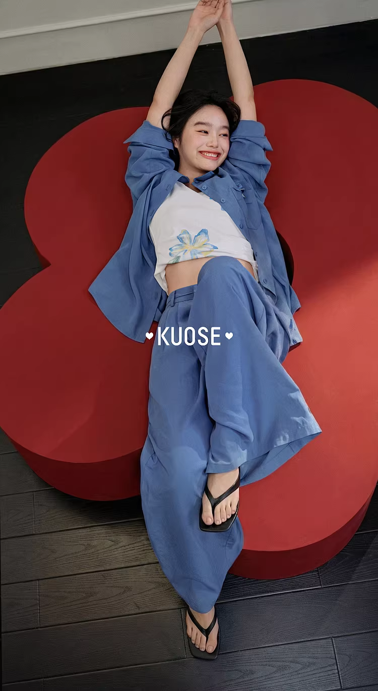 KUOSE 쿠오세 봄 여름 여성 셔츠 재킷 와이드 팬츠 세트 - 상품 이미지