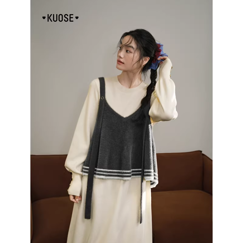 KUOSE 쿠오세 니트 롱 원피스 민소매 베스트 세트 - 상세 이미지 5
