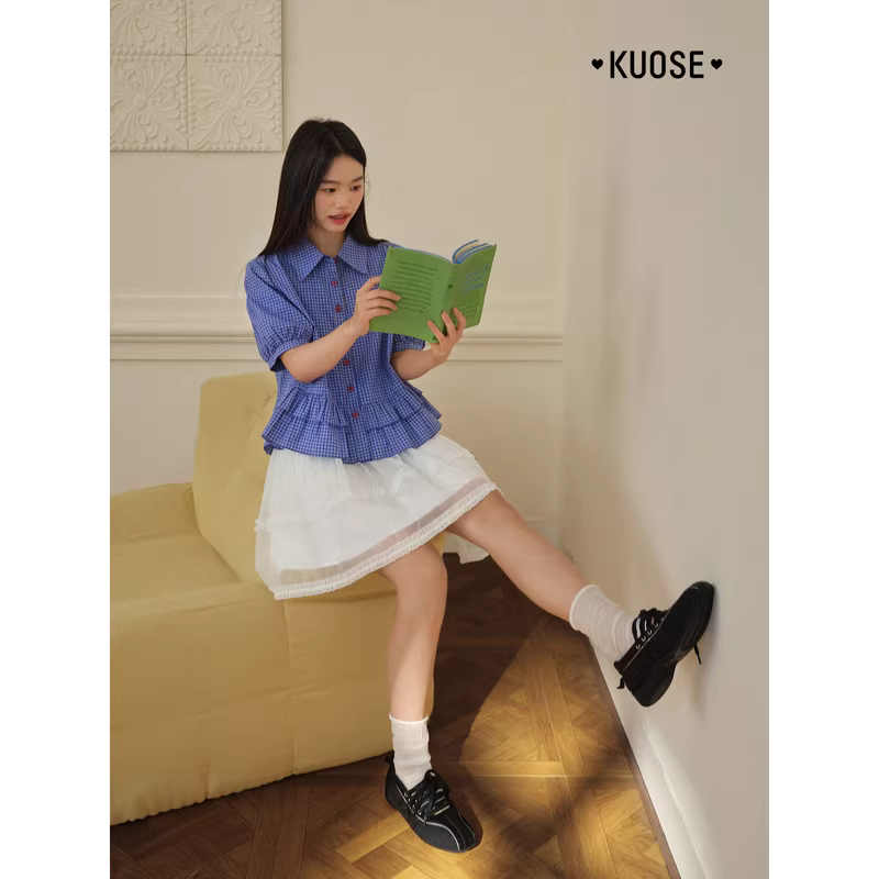 KUOSE 쿠오세 블루 체크 퍼프소매 크롭 셔츠 - 상세 이미지 5