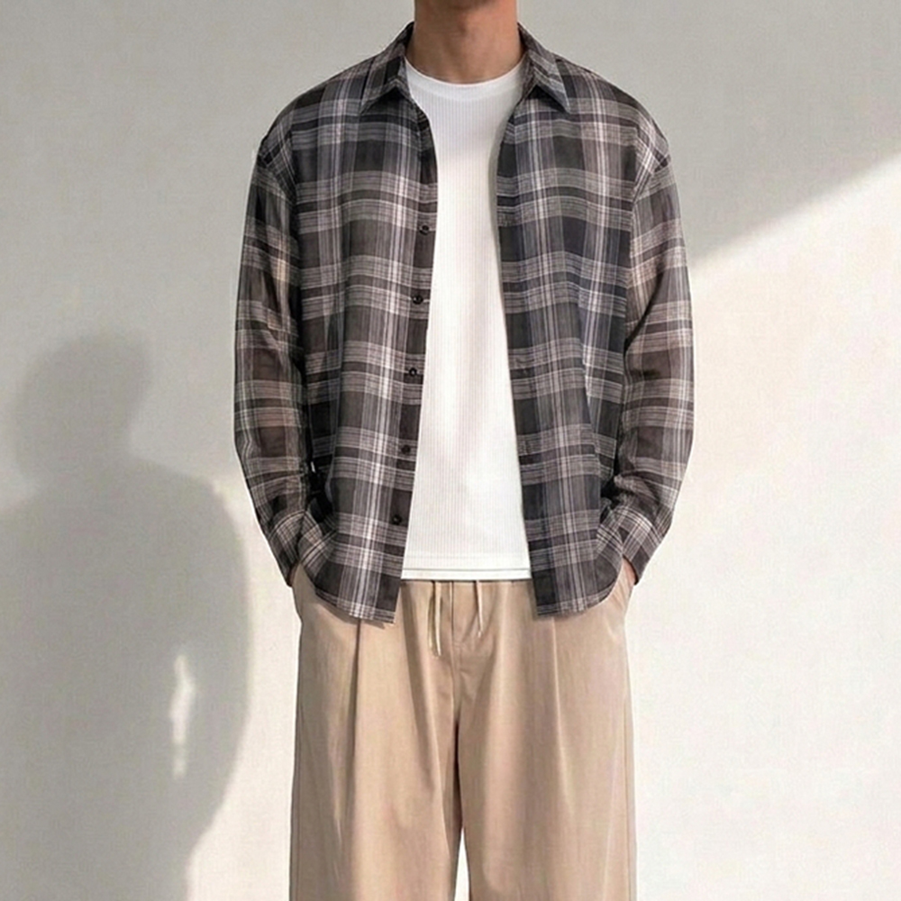 남자여름남방 남자여름긴팔남방 남자린넨셔츠 남성체크셔츠 - 상품 이미지