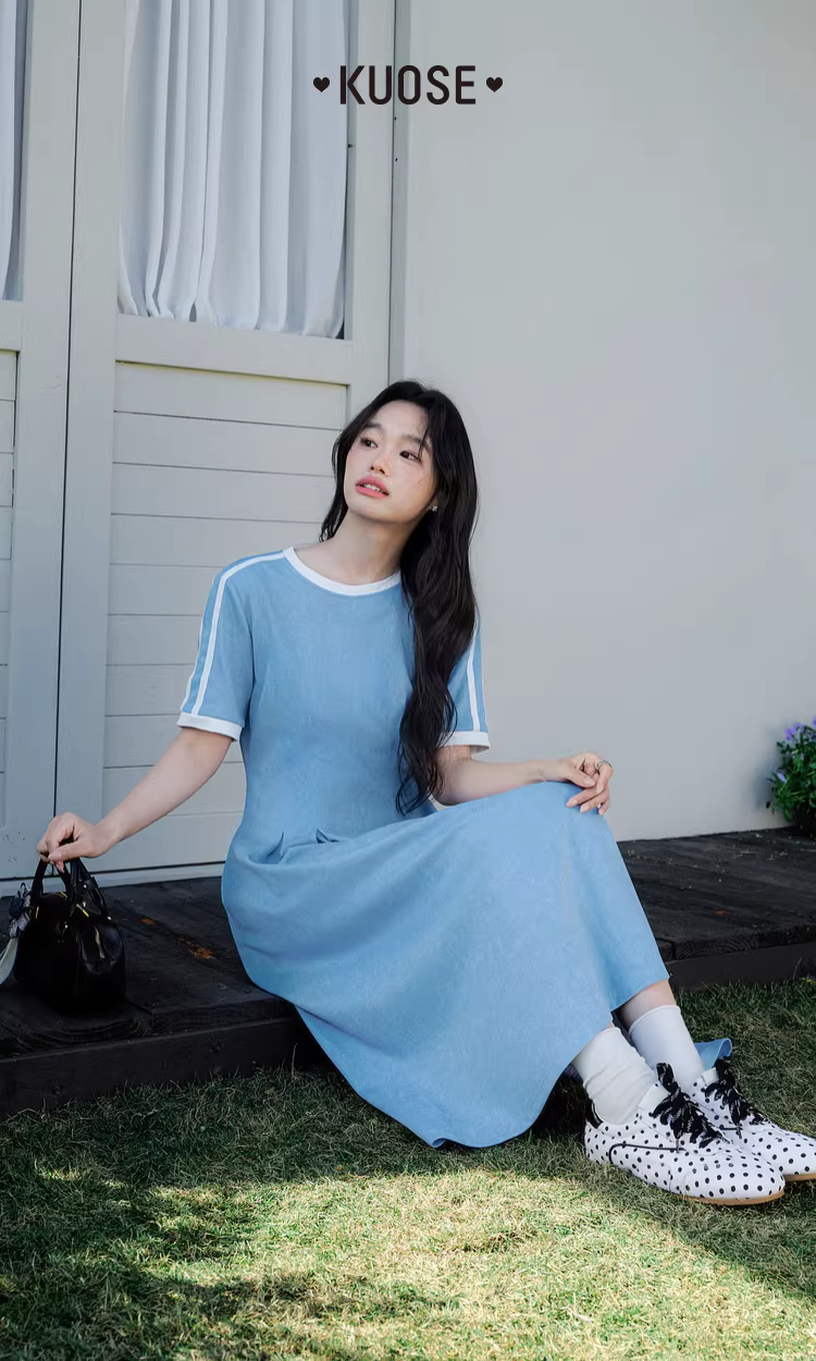 KUOSE 쿠오세 스카이블루 니트 반팔 플리츠 롱 원피스 - 상품 이미지