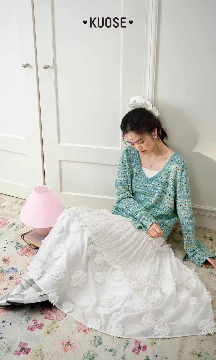 KUOSE 쿠오세 화이트 입체 플라워 캉캉 롱 스커트 - 상품 이미지