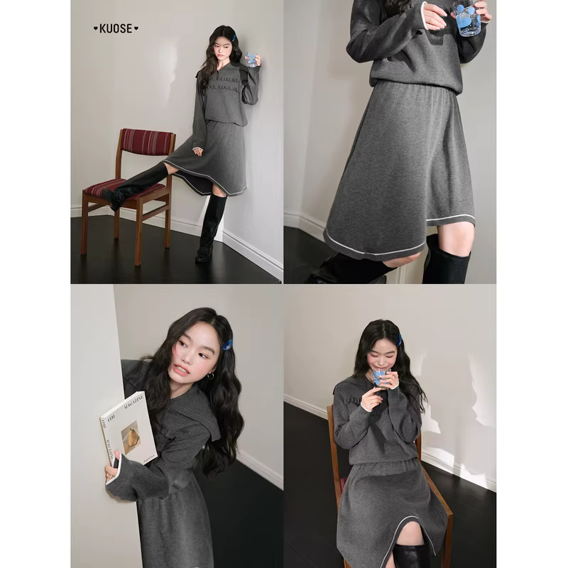 KUOSE 쿠오세 그레이 불규칙 카라 비대칭 롱 원피스 - 상세 이미지 5