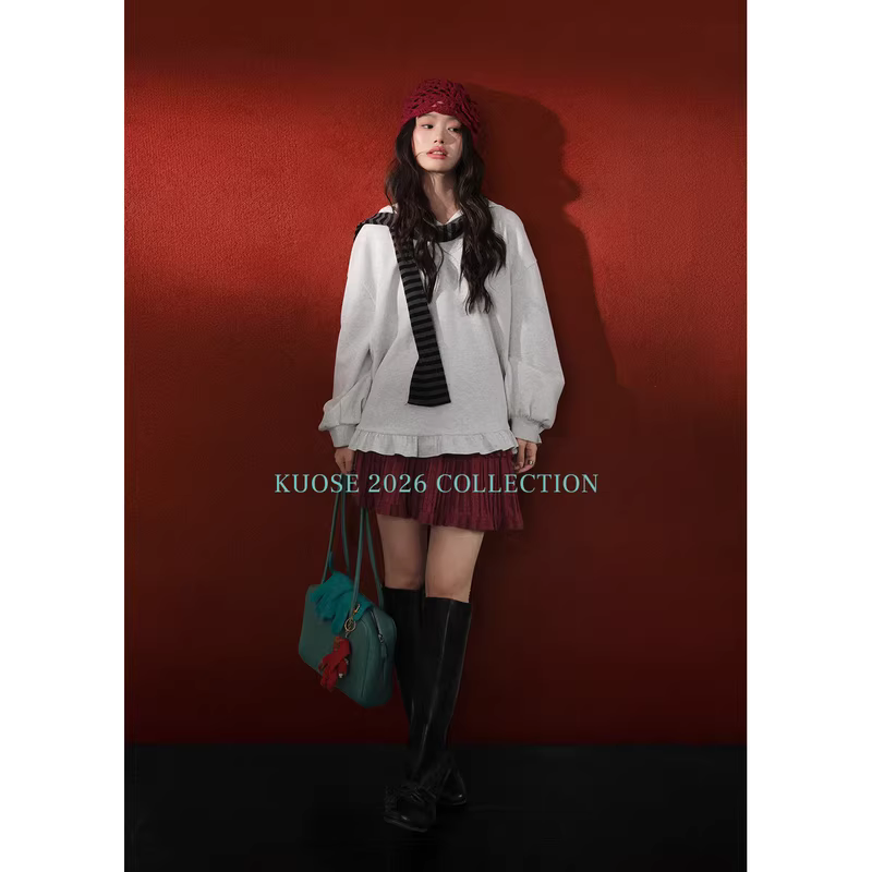KUOSE 쿠오세 멜란지 그레이 루즈핏 밑단 프릴 후드 맨투맨 - 상세 이미지 2