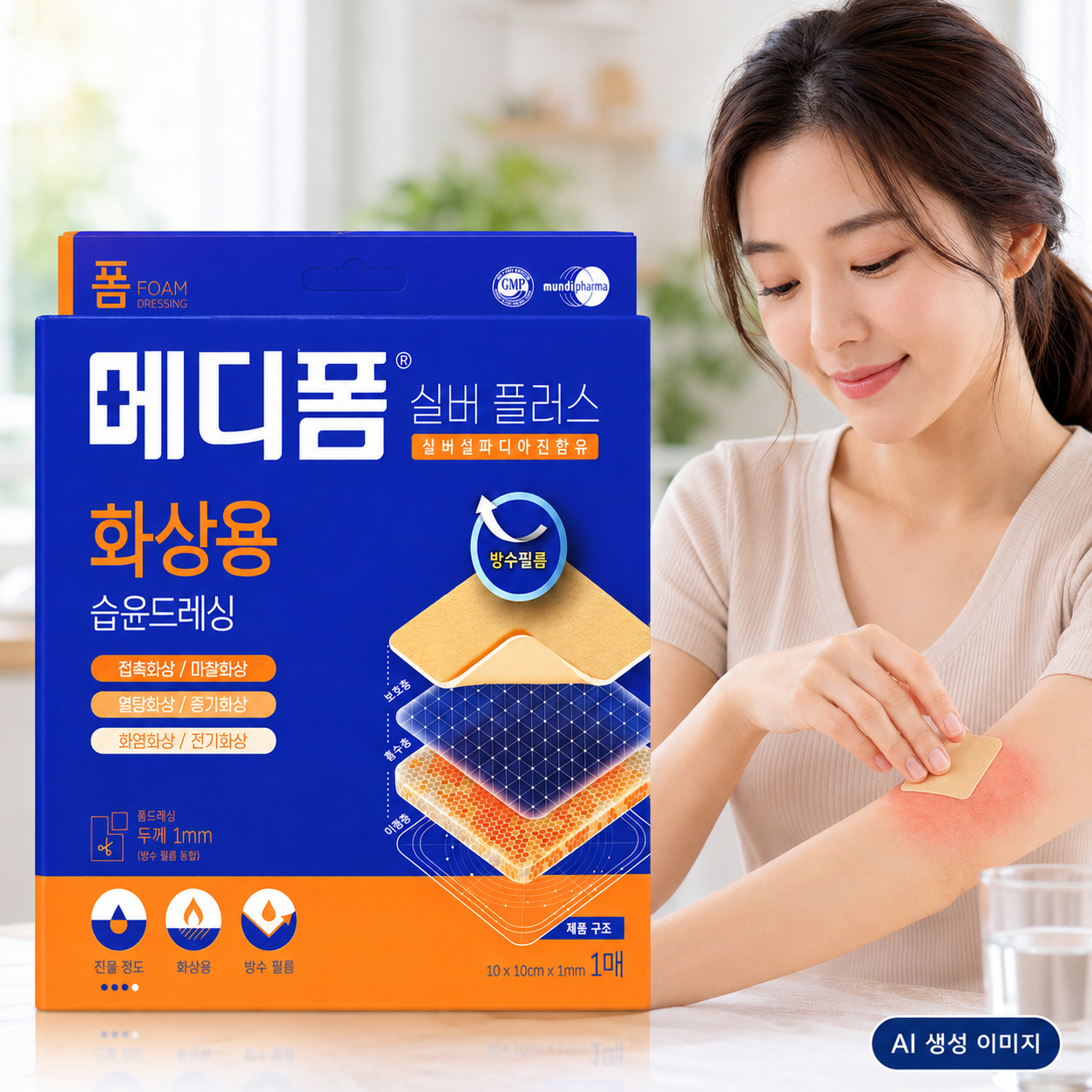 화상 메디폼 실버 플러스 10x10cm 진물 밴드 사용법 교체시기(+방수필름 동봉)