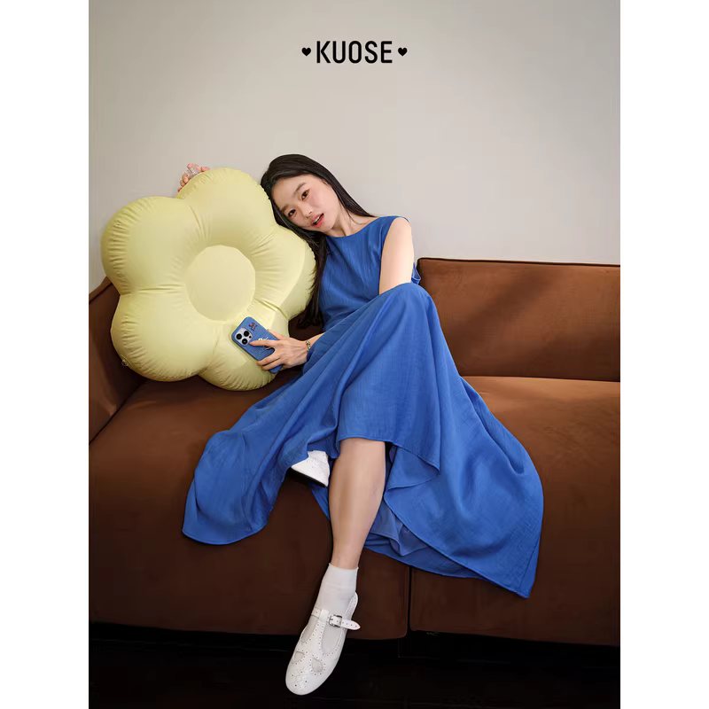 KUOSE 쿠오세 블루 주름 가짜투피스 허리 민소매 A라인 롱 원피스 - 상세 이미지 3