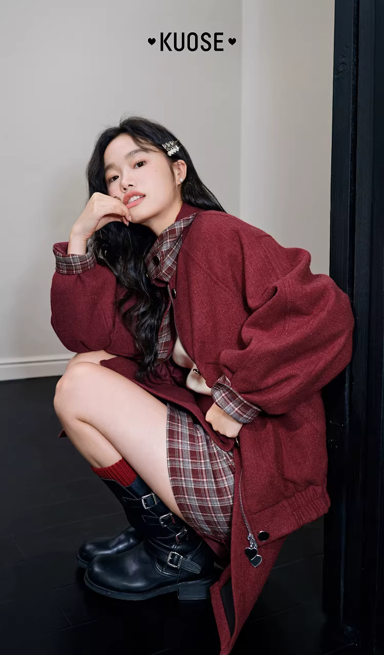 KUOSE 쿠오세 레드 체크 모직 재킷 스커트 세트 - 상품 이미지