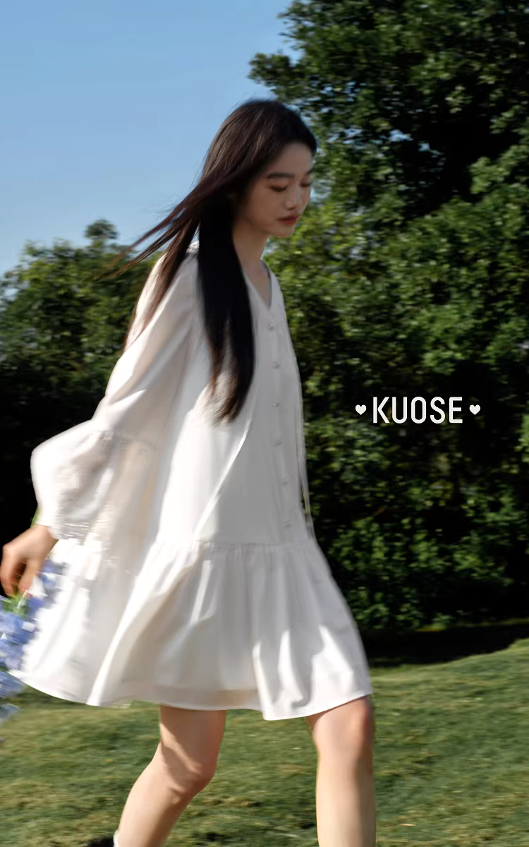 KUOSE 쿠오세 화이트 프렌치 러플 펀칭 자수 롱 셔츠 원피스 - 상품 이미지