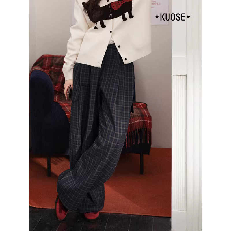 KUOSE 쿠오세 여성 레트로 다크블루 체크 와이드 팬츠 - 상세 이미지 5