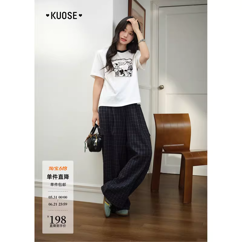 KUOSE 쿠오세 여성 레트로 다크블루 체크 와이드 팬츠 - 상세 이미지 2